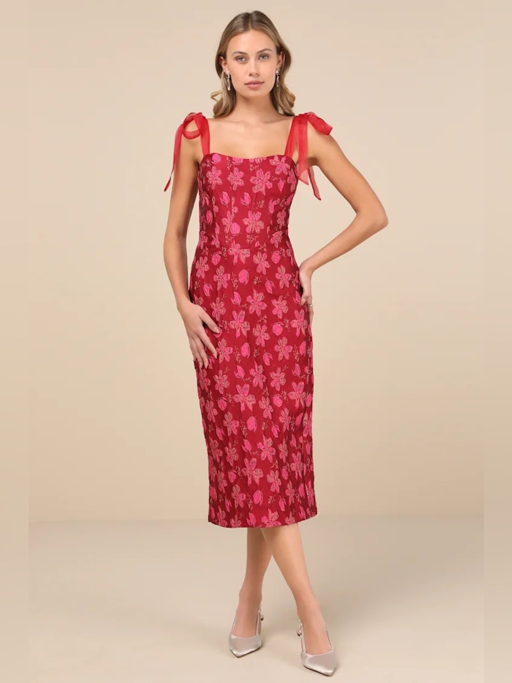 NWT Lulus Women’s Lovely Darling Magenta Floral Jacquard Tie-Strap Midi Dress M